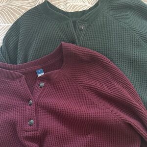 TWO TOPS. Old Navy Plush Waffle-Knit Henley Tops for Women (maroon and green)